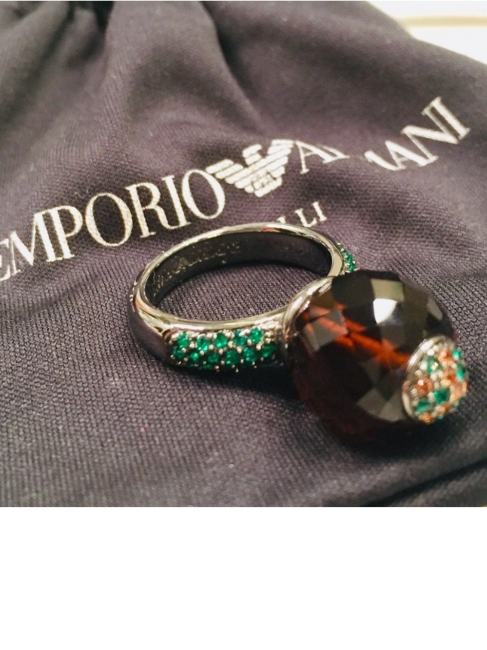 Emporio Armani Green Rhinestone and Brown Ring Size 7